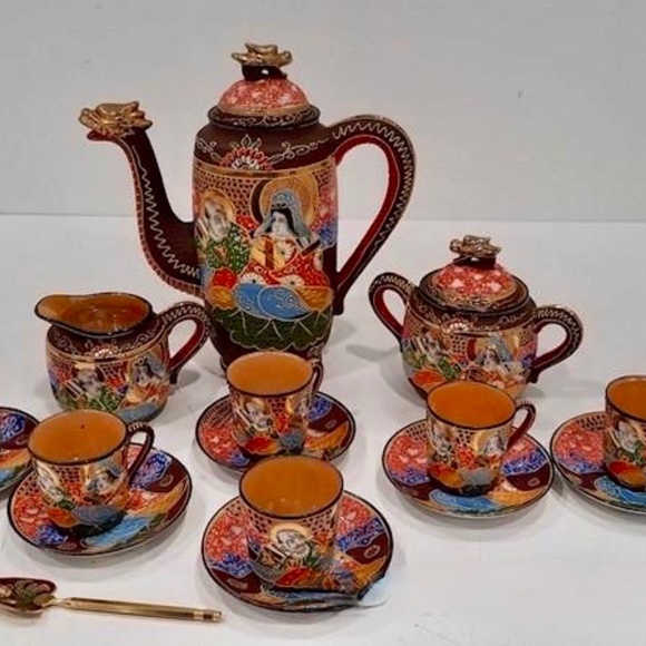 1930's Satsuma Tea Coffee Set Japan Moriage Dragon Ware Hand Painted